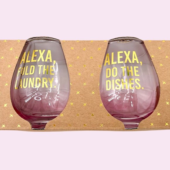 NIB SET OF 4 STEMLESS FUNNY ALEXA CHORES PINK PURPLE OMBRE 16 OZ WINE GLASSES - Picture 3 of 6